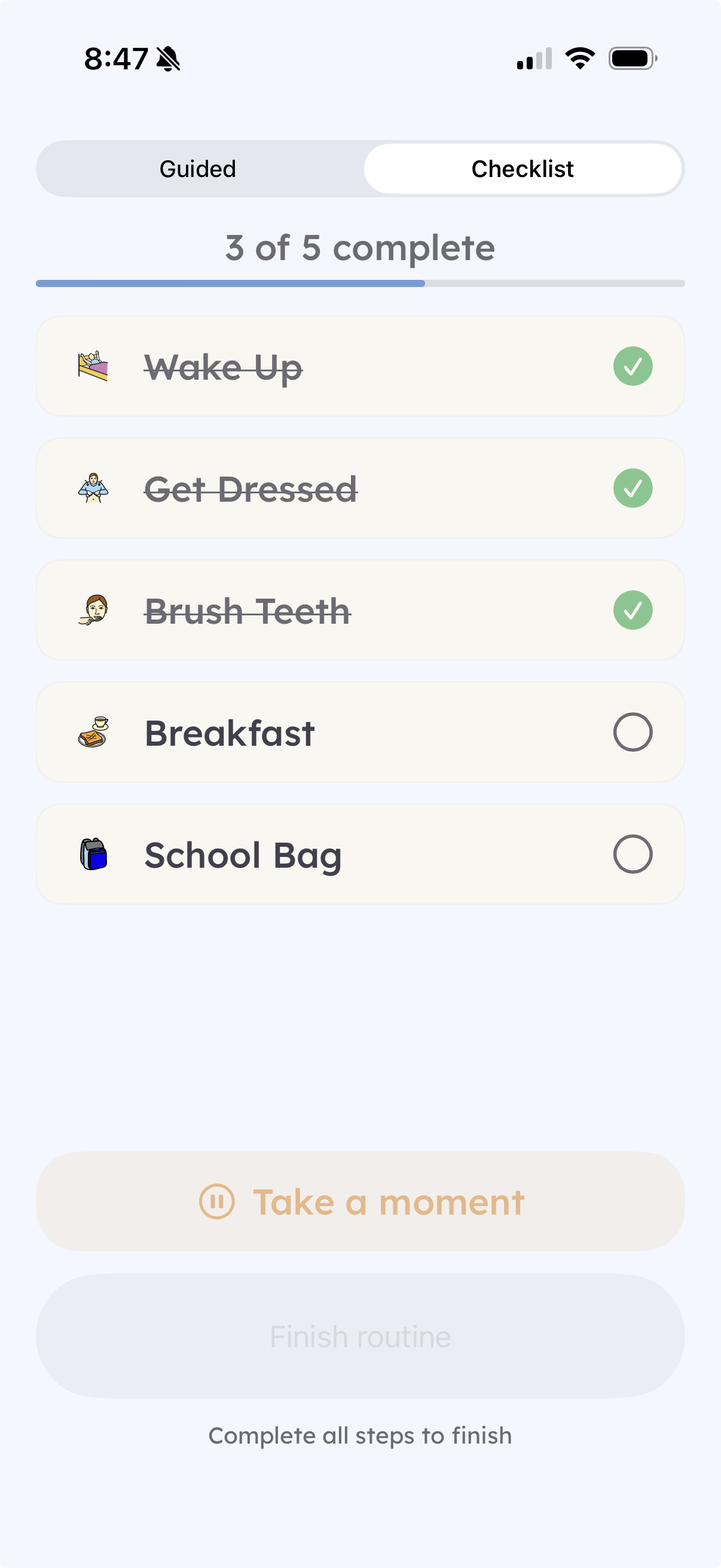 Checklist mode showing progress