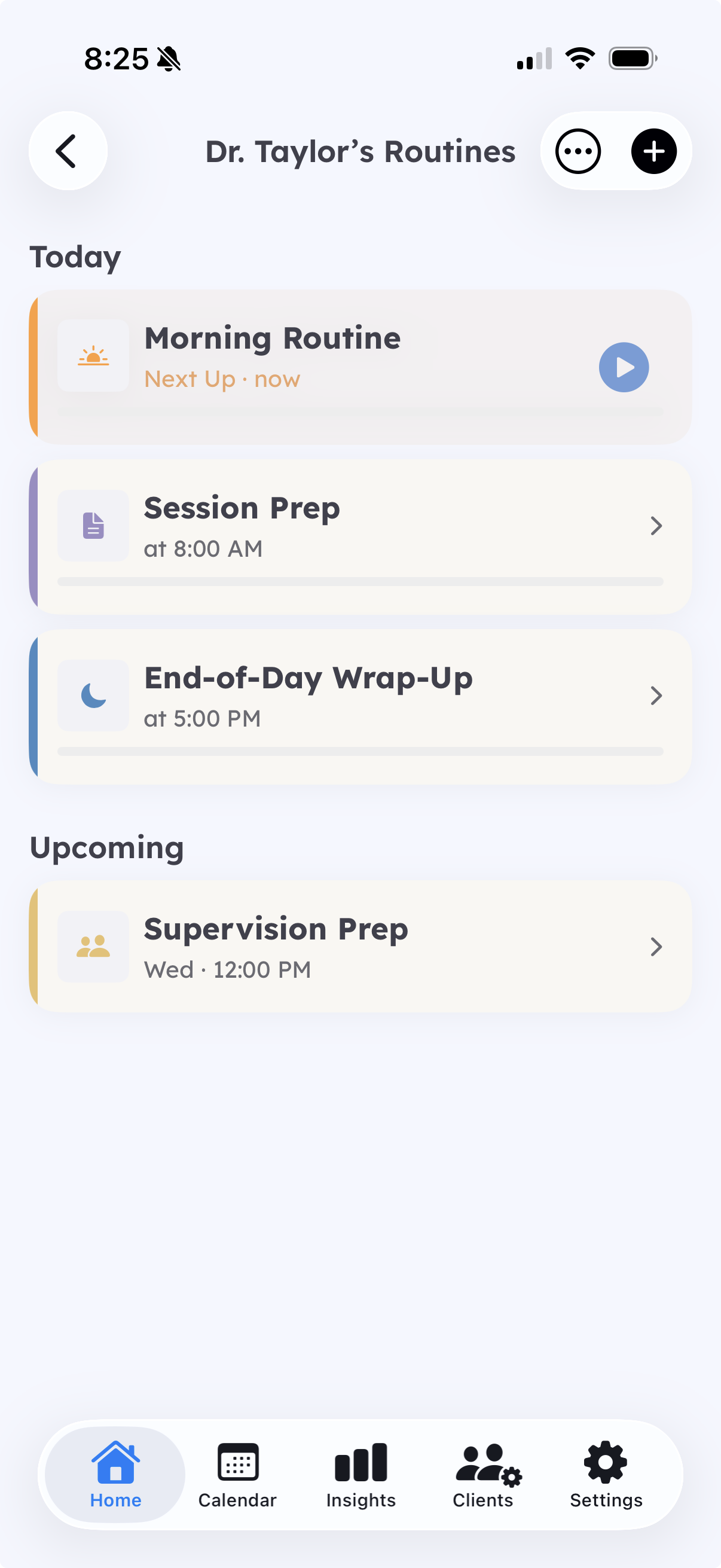Clinician view — Dr. Taylor's client routines