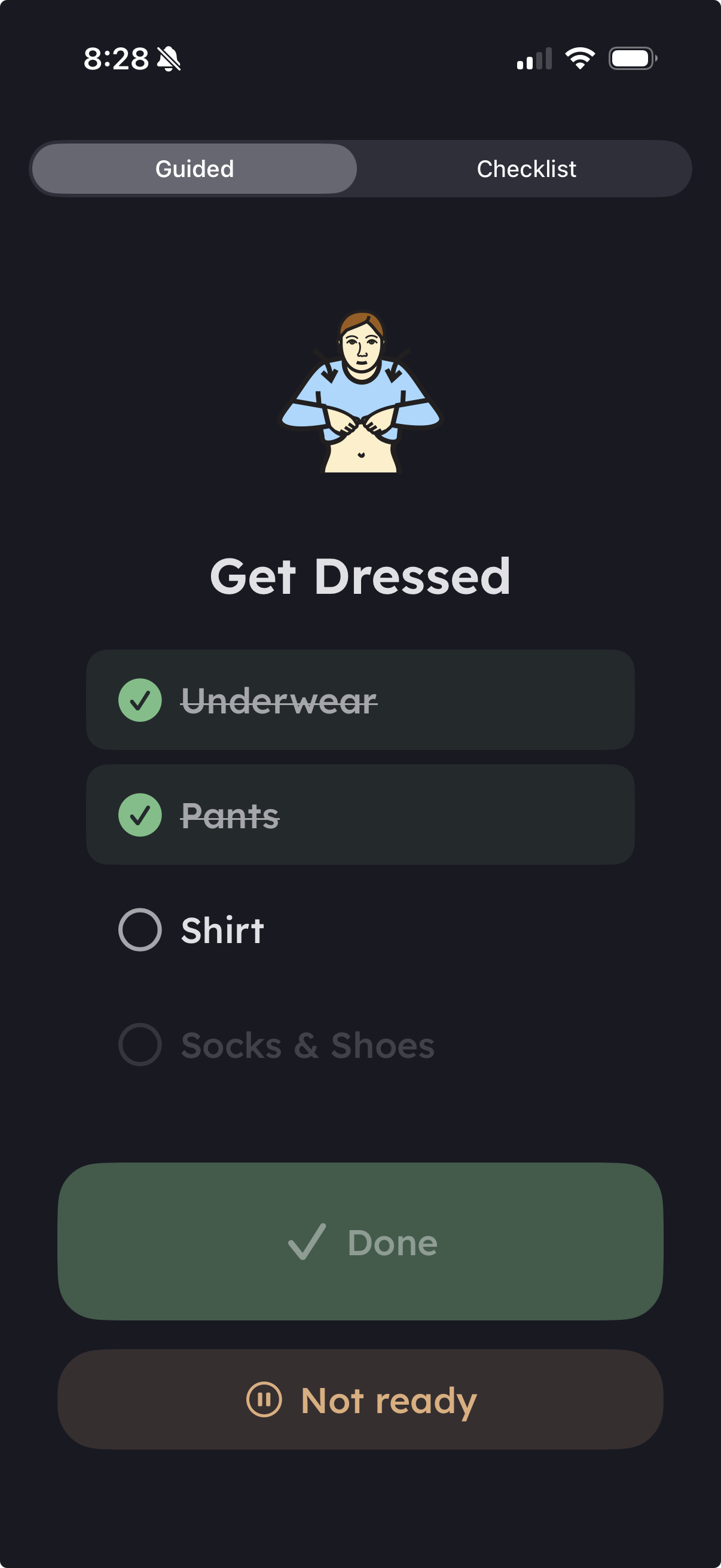 Child completing Get Dressed step with substeps